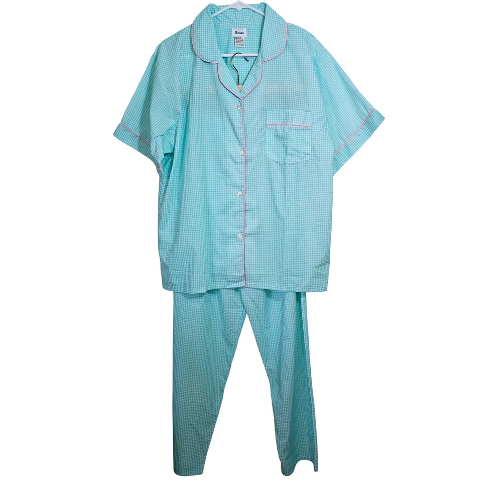 Bernette Vintage Womens Pajama Set Medium Gingham Checkered Sleepwear Teal Blue